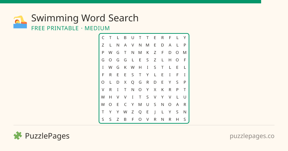 Swimming Medium printable word search preview — free to print from PuzzlePages