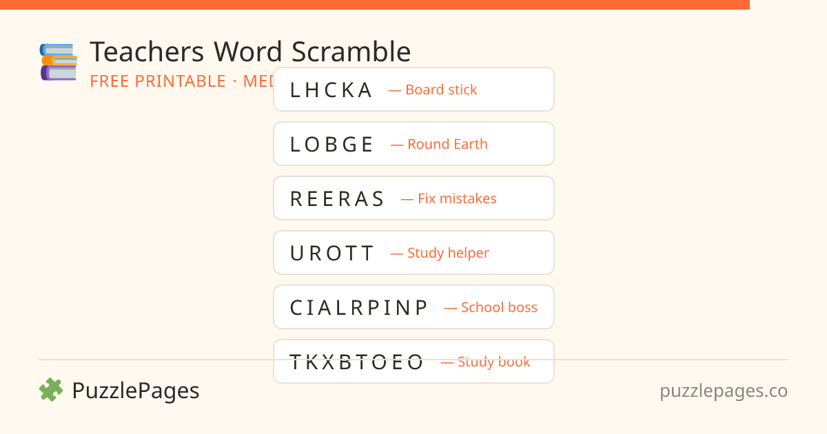 Teachers Medium printable word scramble preview — free to print from PuzzlePages