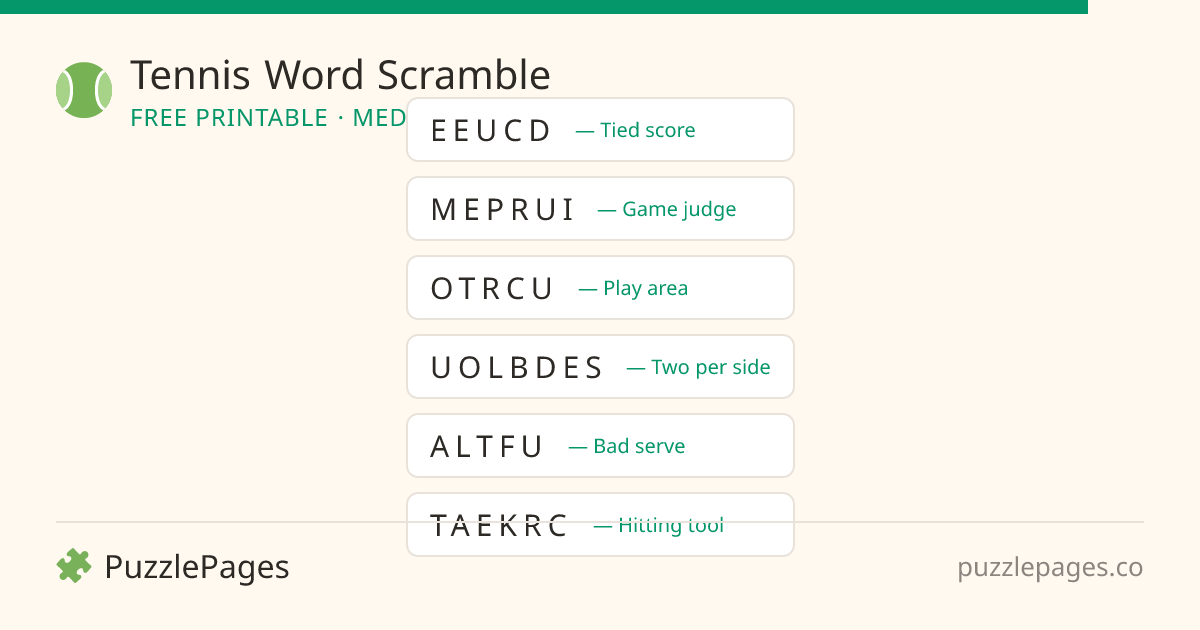 Tennis Medium printable word scramble preview — free to print from PuzzlePages
