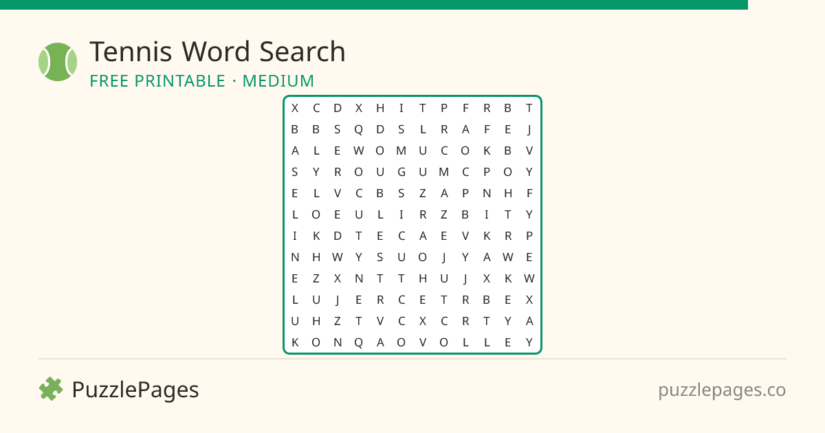 Tennis Medium printable word search preview — free to print from PuzzlePages