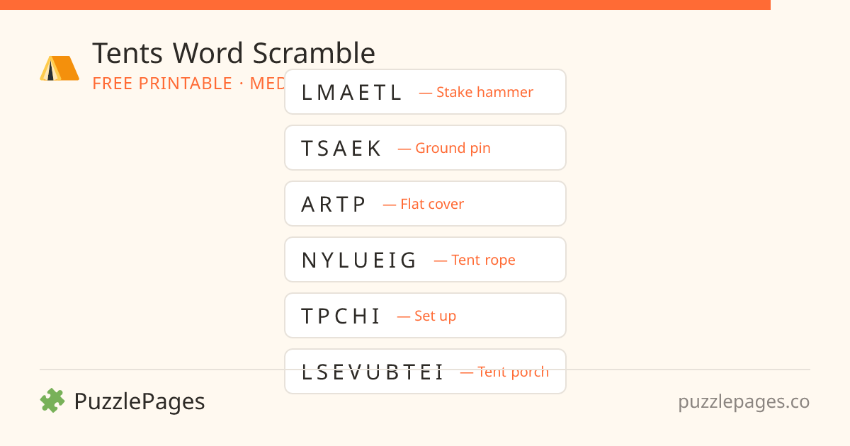 Tents Medium printable word scramble preview — free to print from PuzzlePages