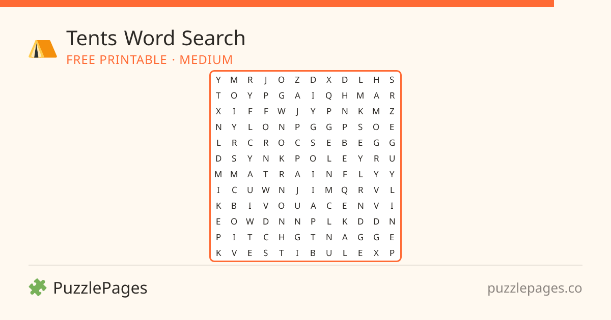 Tents Medium printable word search preview — free to print from PuzzlePages