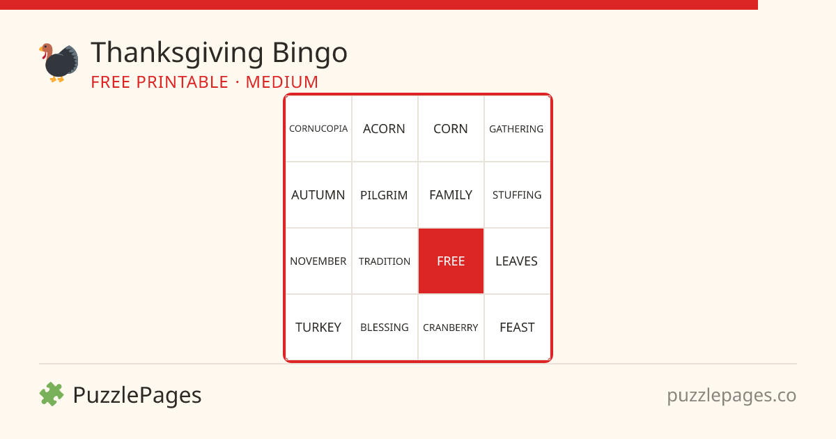 Thanksgiving Medium printable bingo preview — free to print from PuzzlePages