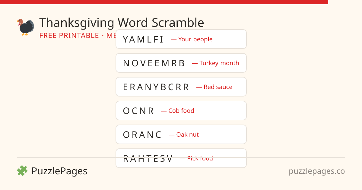 Thanksgiving Medium printable word scramble preview — free to print from PuzzlePages