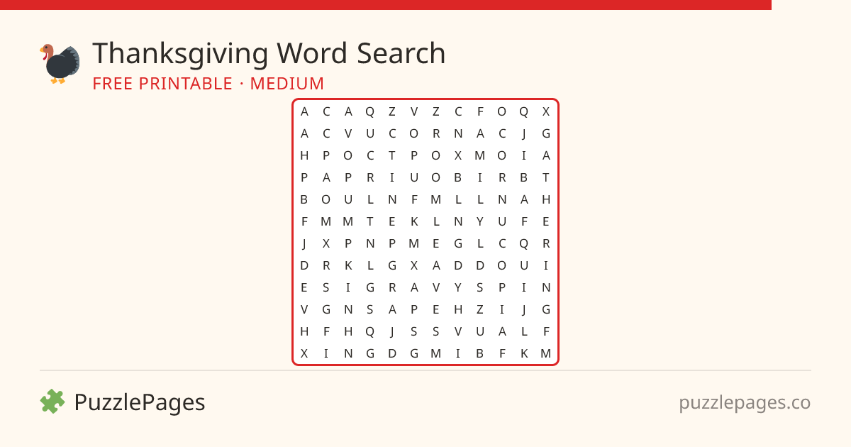 Thanksgiving Medium printable word search preview — free to print from PuzzlePages