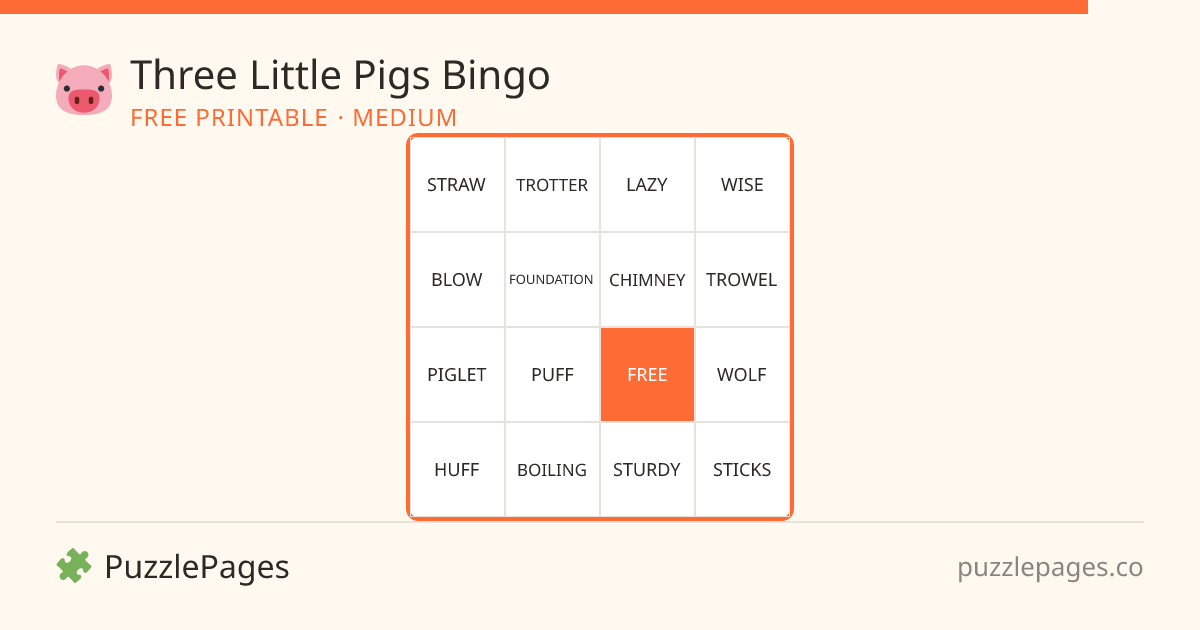 Three Little Pigs Medium printable bingo preview — free to print from PuzzlePages