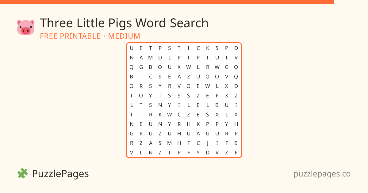 Three Little Pigs Medium printable word search preview — free to print from PuzzlePages