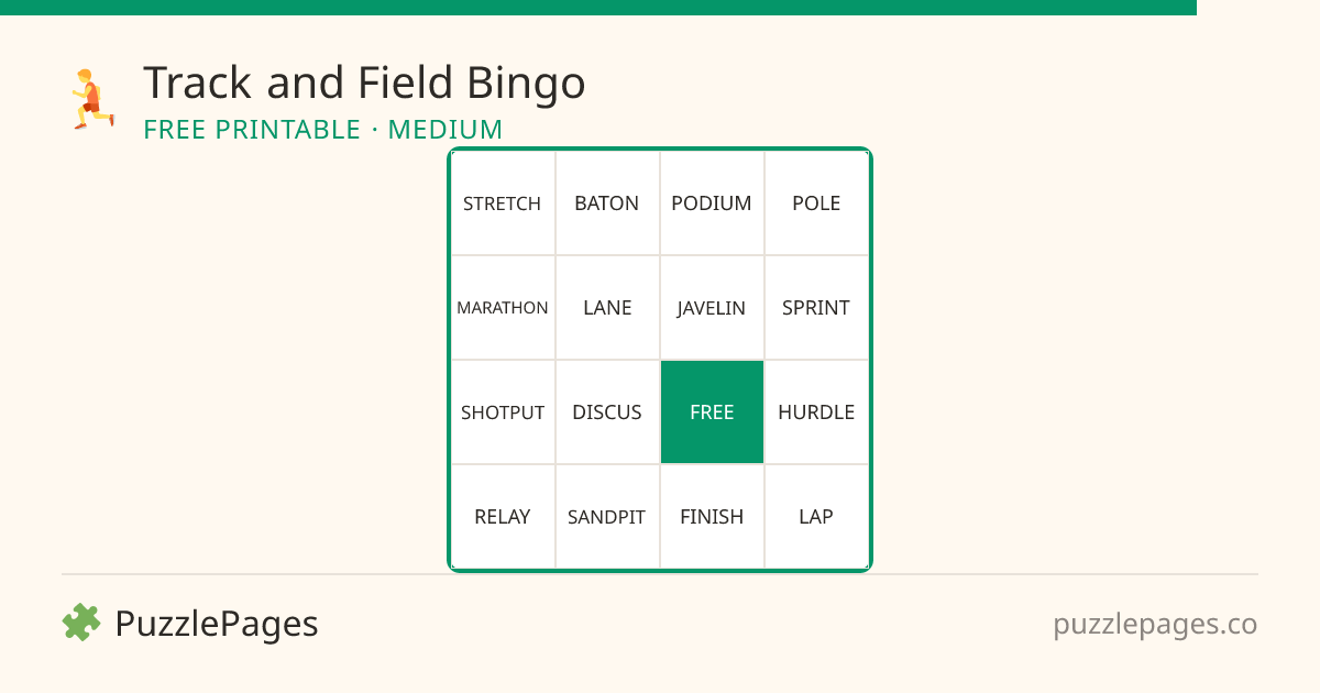 Track and Field Medium printable bingo preview — free to print from PuzzlePages