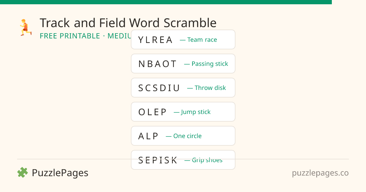 Track and Field Medium printable word scramble preview — free to print from PuzzlePages