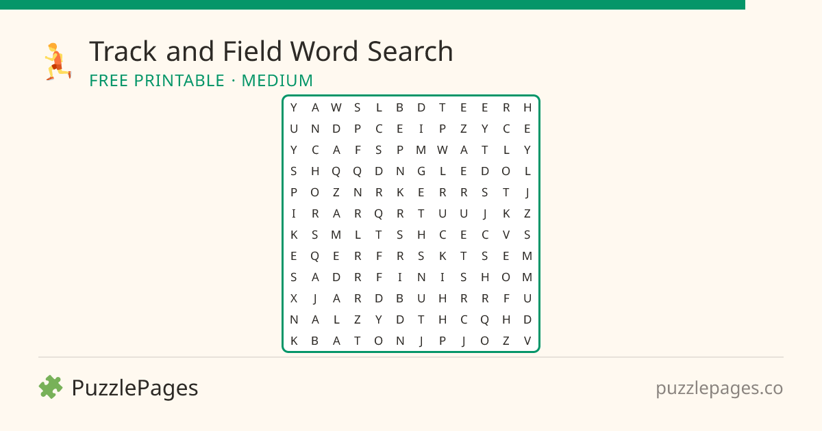 Track and Field Medium printable word search preview — free to print from PuzzlePages