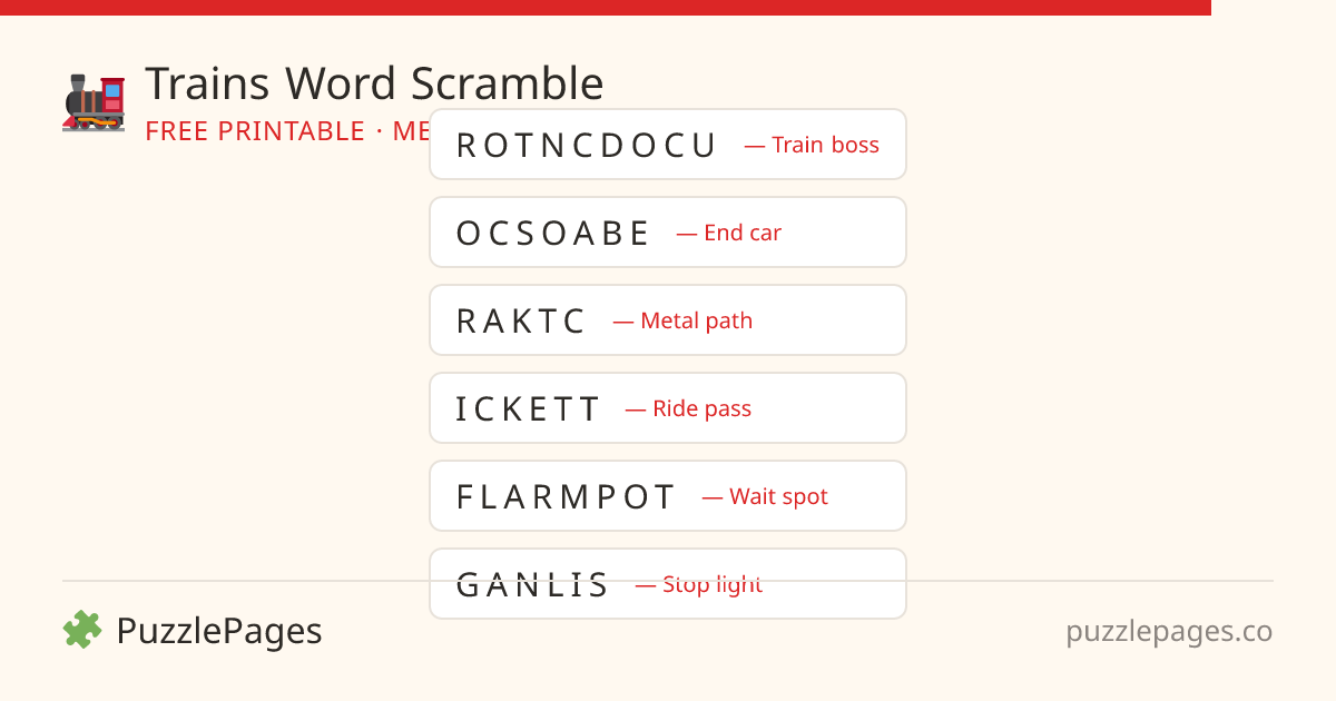 Trains Medium printable word scramble preview — free to print from PuzzlePages