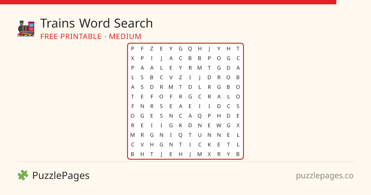 Trains Medium printable word search preview — free to print from PuzzlePages