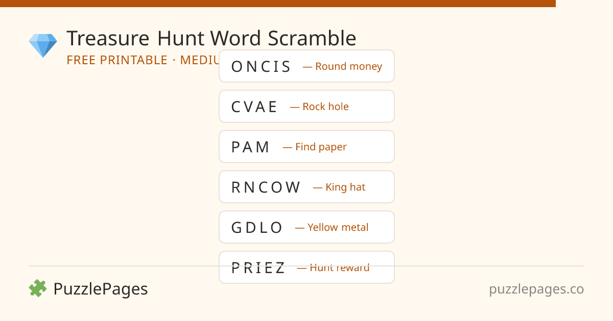 Treasure Hunt Medium printable word scramble preview — free to print from PuzzlePages