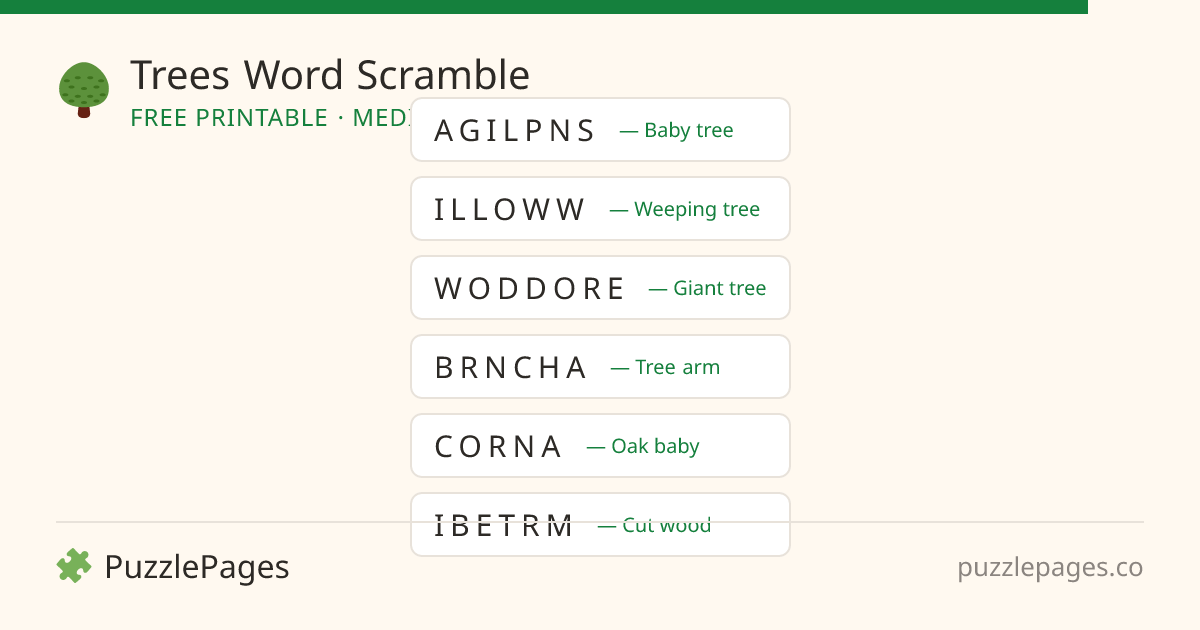 Trees Medium printable word scramble preview — free to print from PuzzlePages