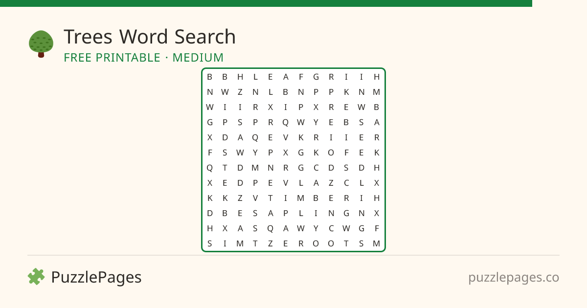 Trees Medium printable word search preview — free to print from PuzzlePages