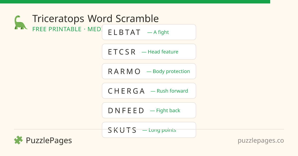 Triceratops Medium printable word scramble preview — free to print from PuzzlePages