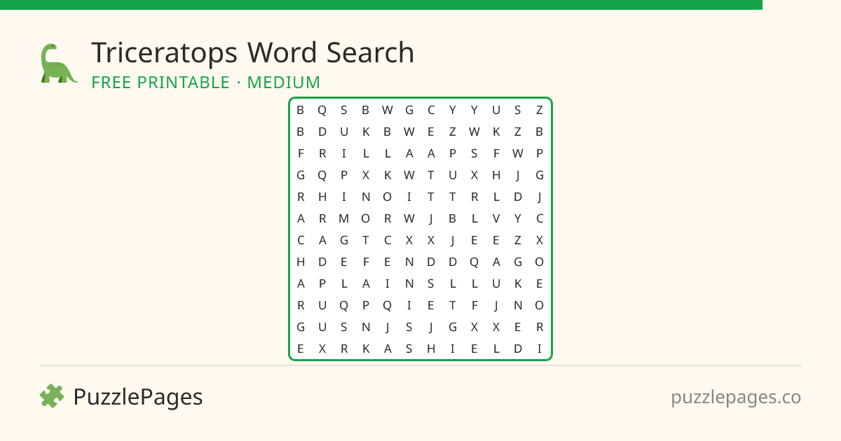 Triceratops Medium printable word search preview — free to print from PuzzlePages
