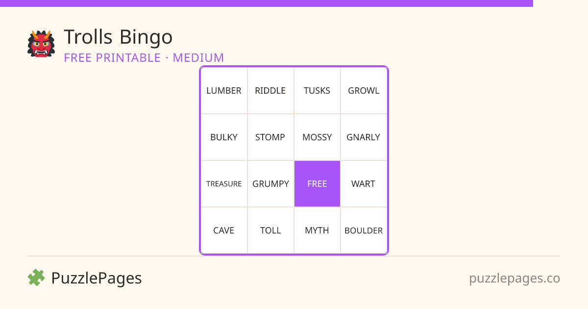 Trolls Medium printable bingo preview — free to print from PuzzlePages