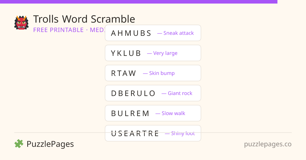 Trolls Medium printable word scramble preview — free to print from PuzzlePages