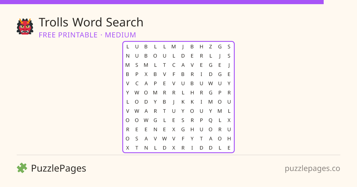 Trolls Medium printable word search preview — free to print from PuzzlePages