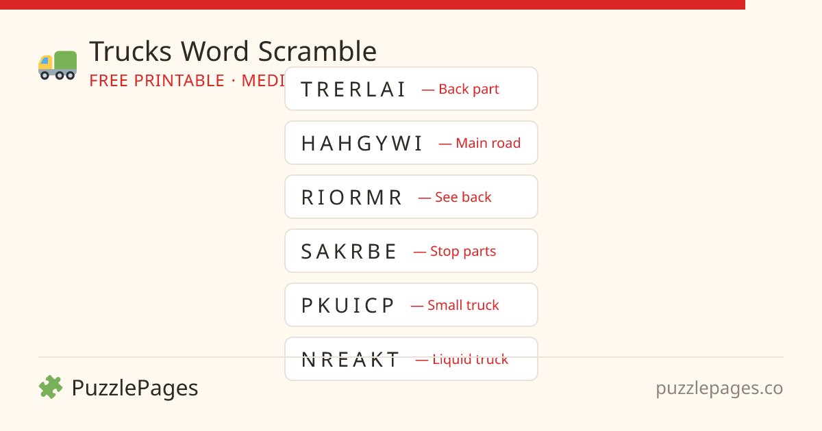 Trucks Medium printable word scramble preview — free to print from PuzzlePages