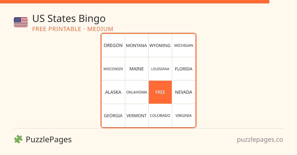 US States Medium printable bingo preview — free to print from PuzzlePages