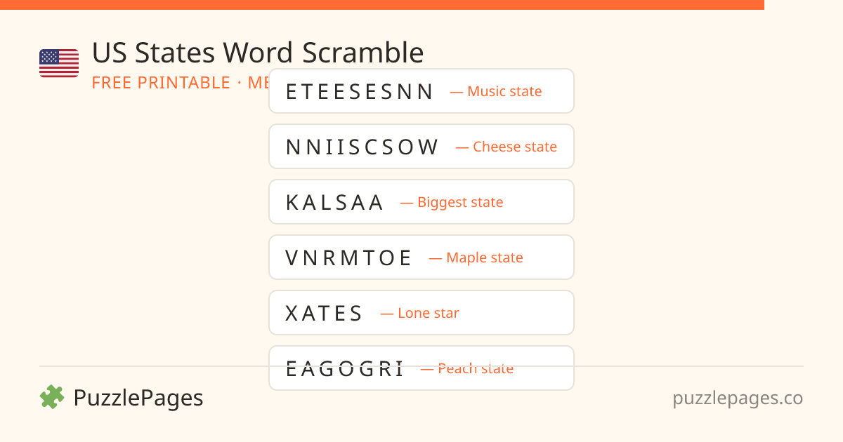 US States Medium printable word scramble preview — free to print from PuzzlePages
