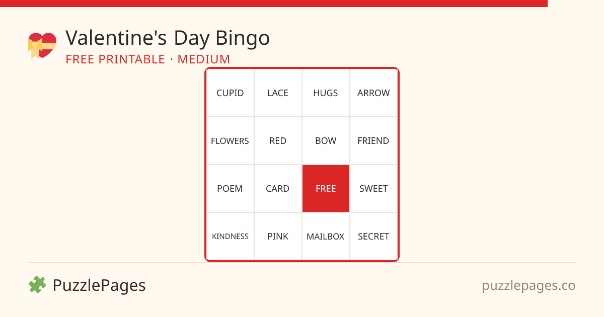 Valentine's Day Medium printable bingo preview — free to print from PuzzlePages
