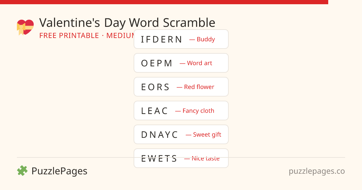 Valentine's Day Medium printable word scramble preview — free to print from PuzzlePages