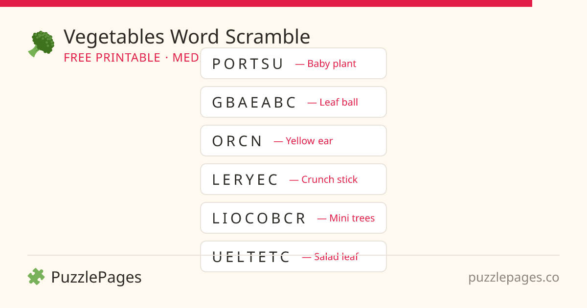Vegetables Medium printable word scramble preview — free to print from PuzzlePages