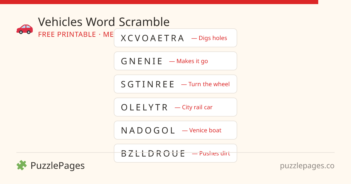 Vehicles Medium printable word scramble preview — free to print from PuzzlePages