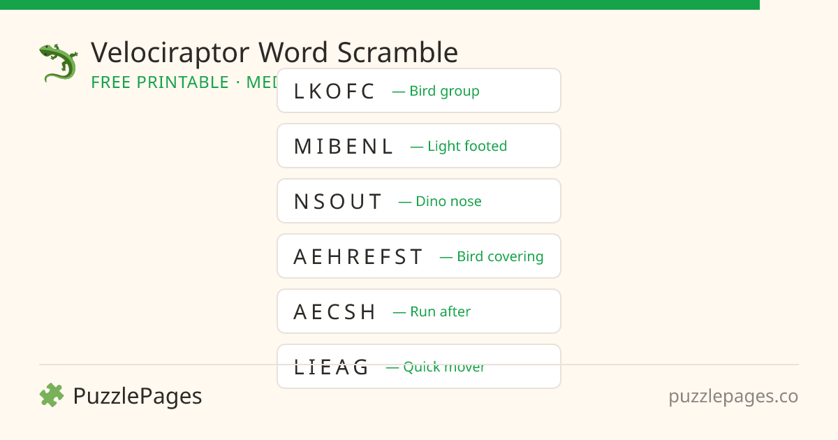 Velociraptor Medium printable word scramble preview — free to print from PuzzlePages