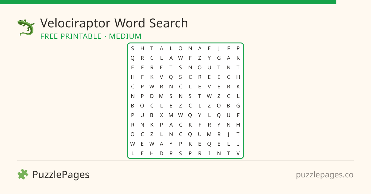 Velociraptor Medium printable word search preview — free to print from PuzzlePages
