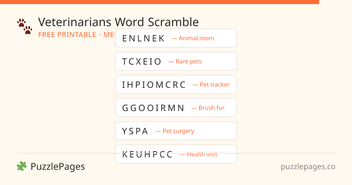 Veterinarians Medium printable word scramble preview — free to print from PuzzlePages