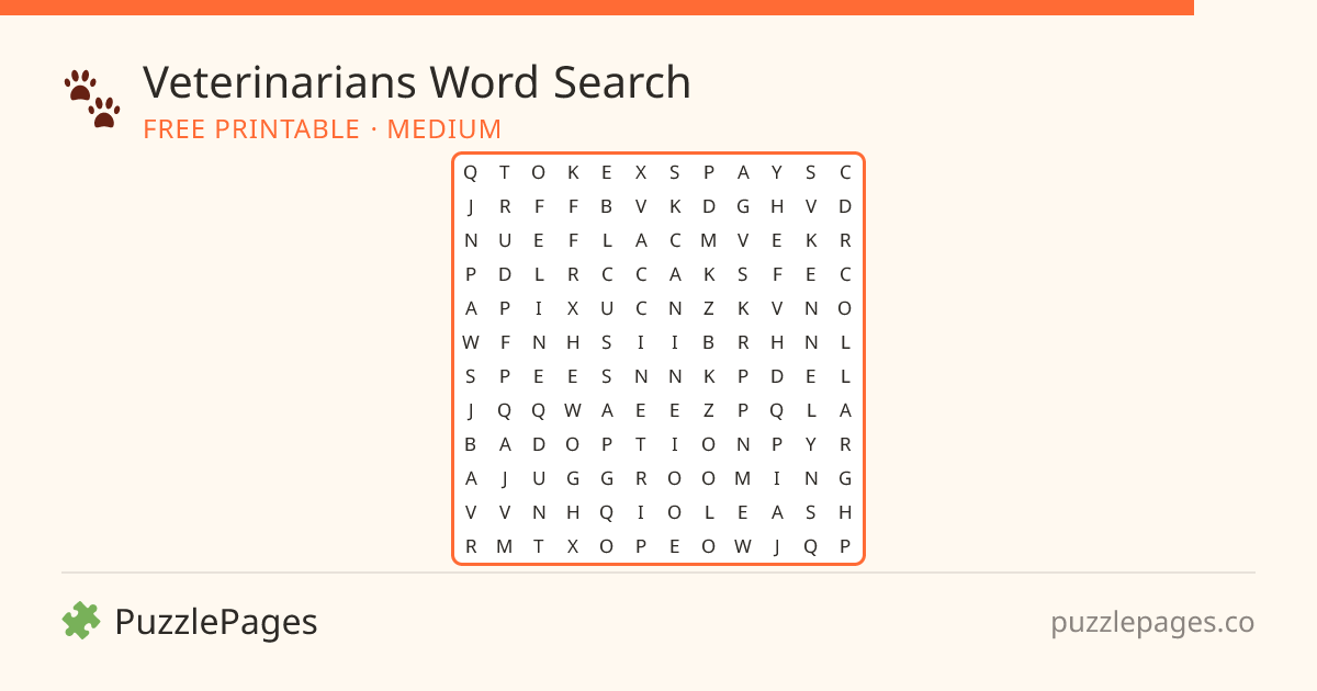 Veterinarians Medium printable word search preview — free to print from PuzzlePages