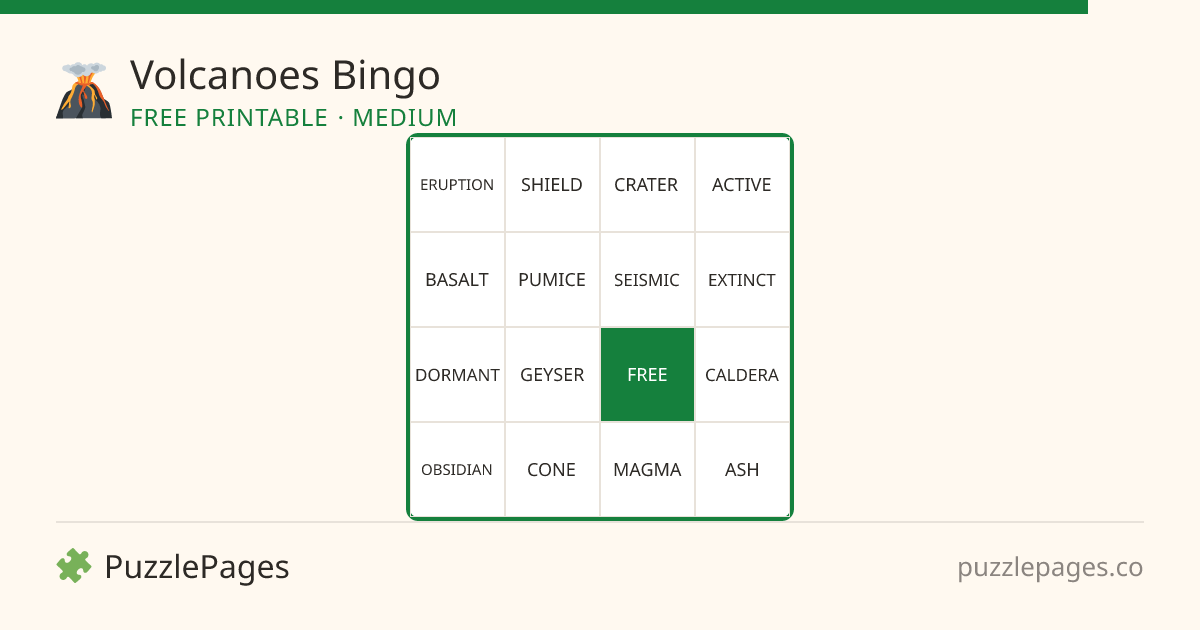 Volcanoes Medium printable bingo preview — free to print from PuzzlePages