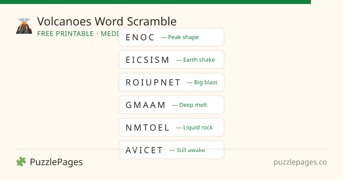 Volcanoes Medium printable word scramble preview — free to print from PuzzlePages
