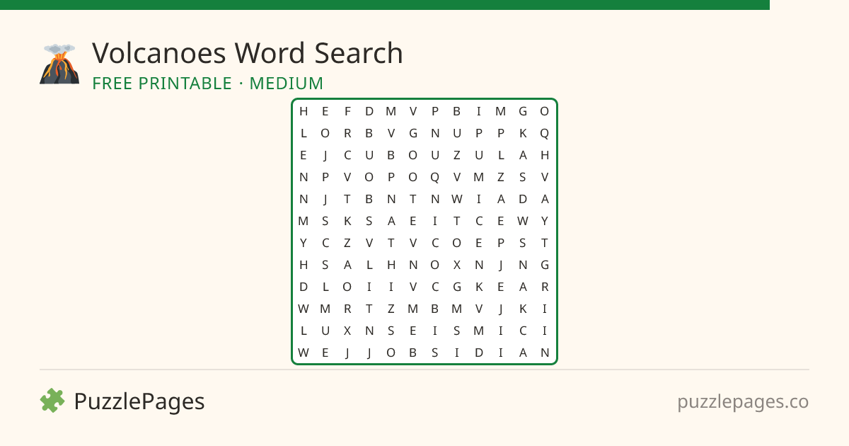 Volcanoes Medium printable word search preview — free to print from PuzzlePages