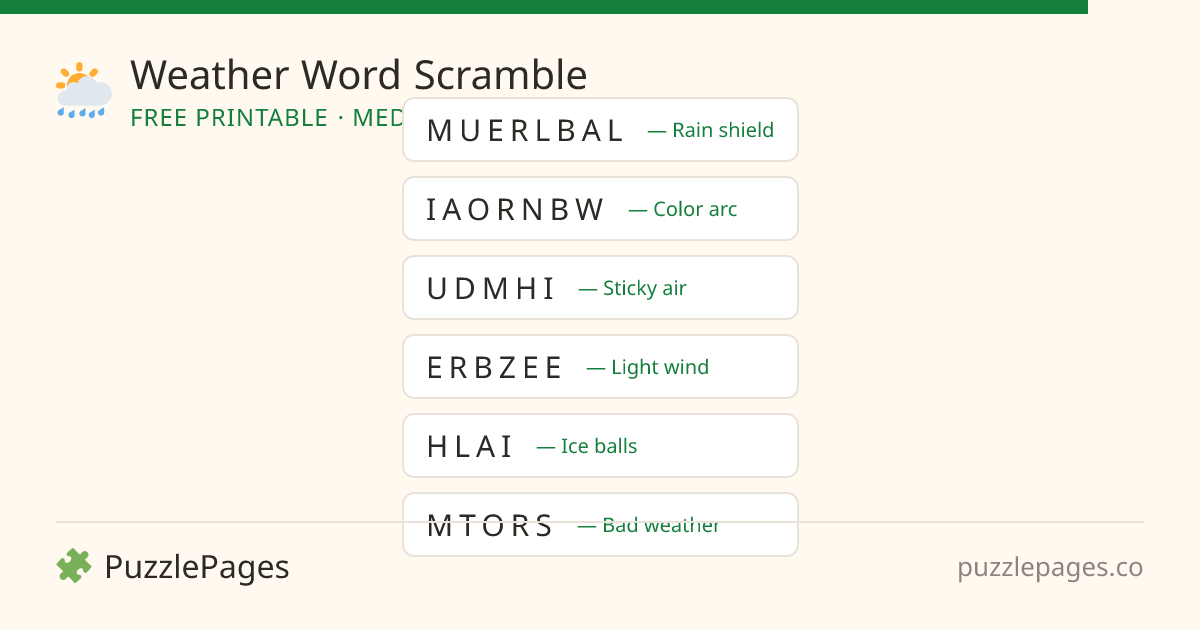 Weather Medium printable word scramble preview — free to print from PuzzlePages
