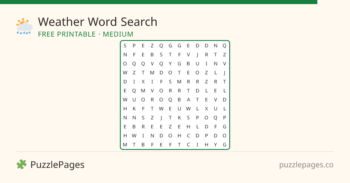 Weather Medium printable word search preview — free to print from PuzzlePages
