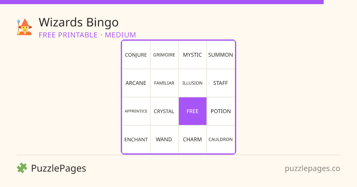 Wizards Medium printable bingo preview — free to print from PuzzlePages