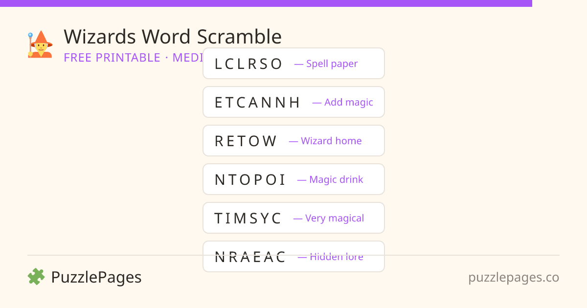 Wizards Medium printable word scramble preview — free to print from PuzzlePages