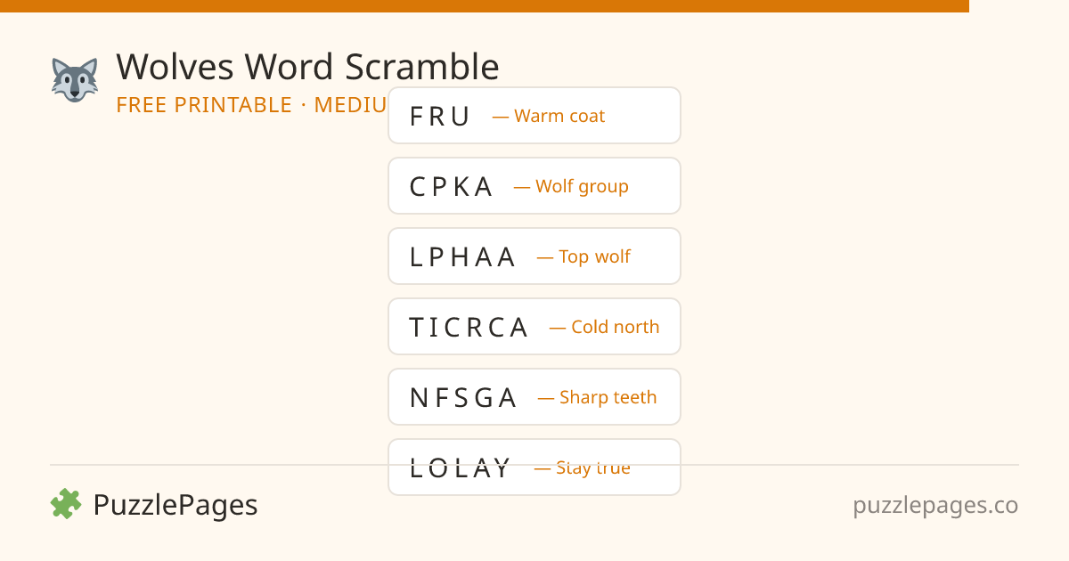 Wolves Medium printable word scramble preview — free to print from PuzzlePages