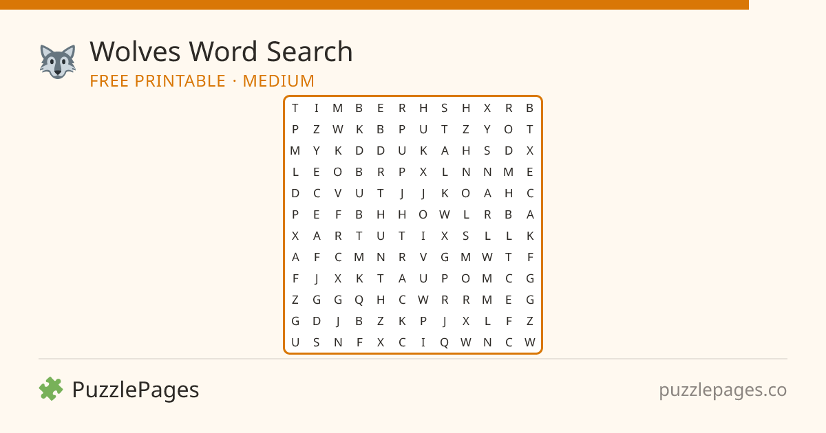 Wolves Medium printable word search preview — free to print from PuzzlePages