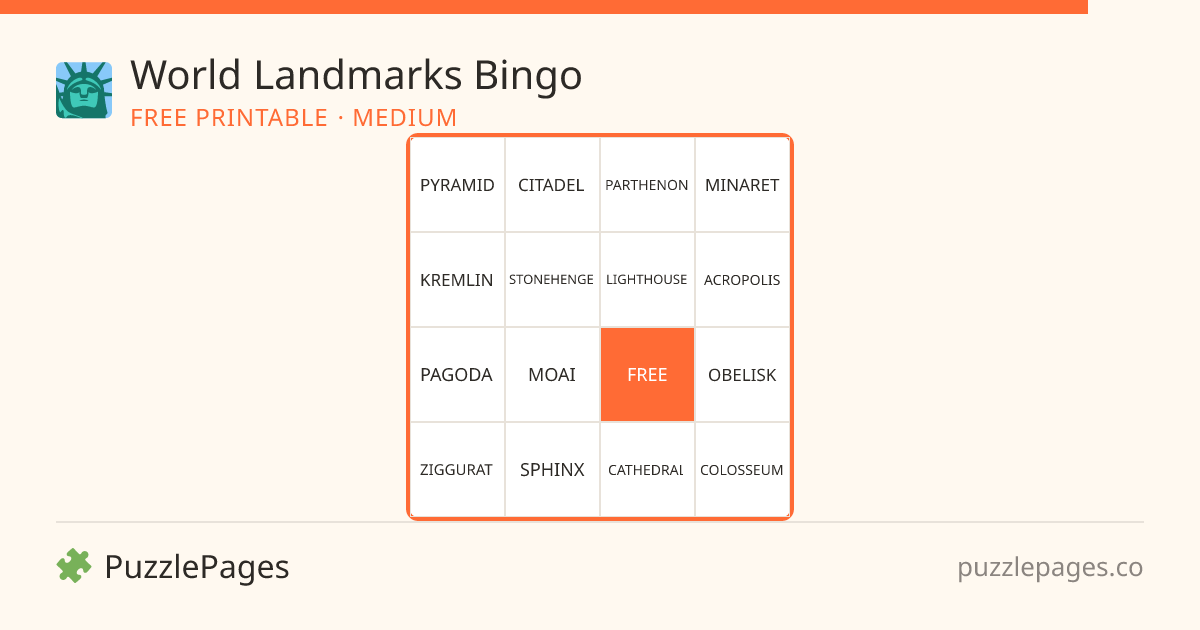World Landmarks Medium printable bingo preview — free to print from PuzzlePages