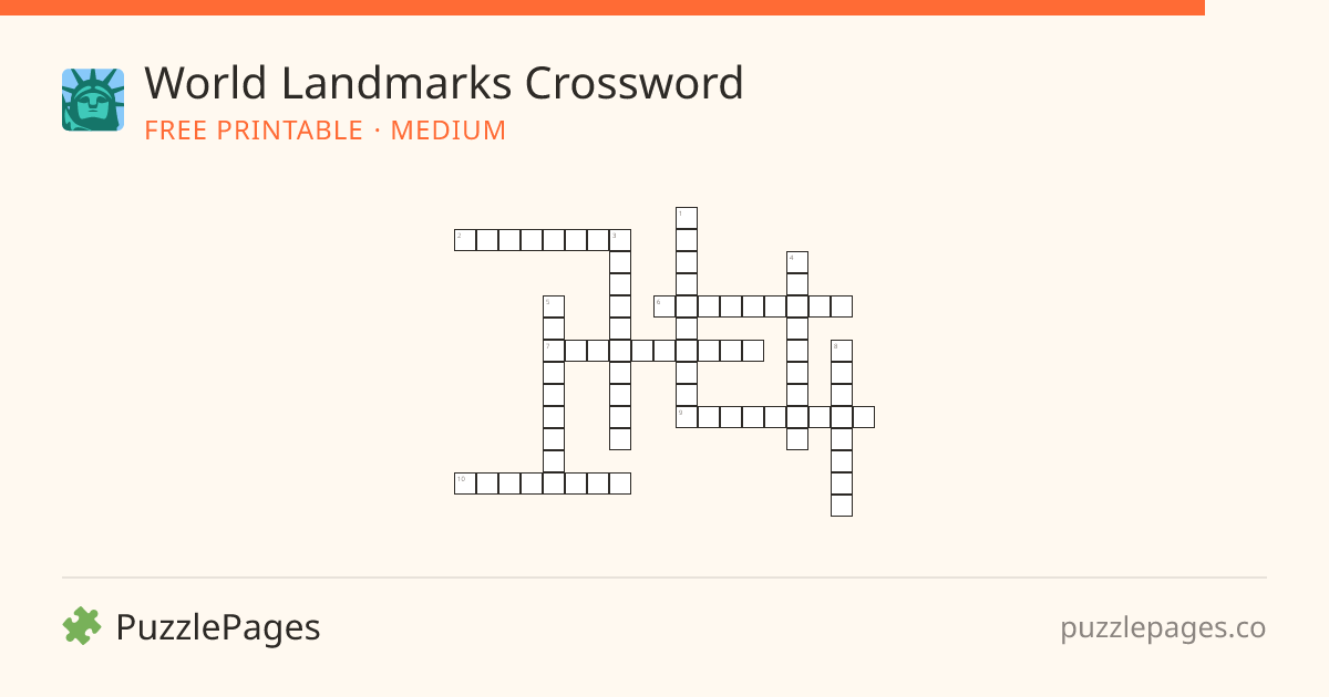 World Landmarks Medium printable crossword preview — free to print from PuzzlePages