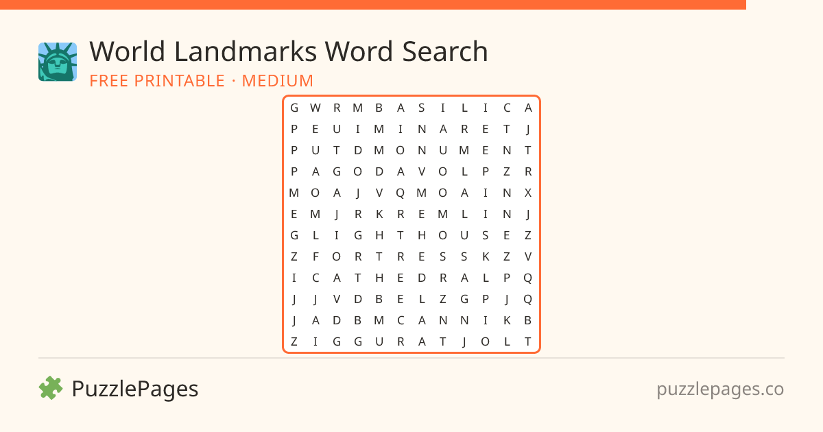 World Landmarks Medium printable word search preview — free to print from PuzzlePages