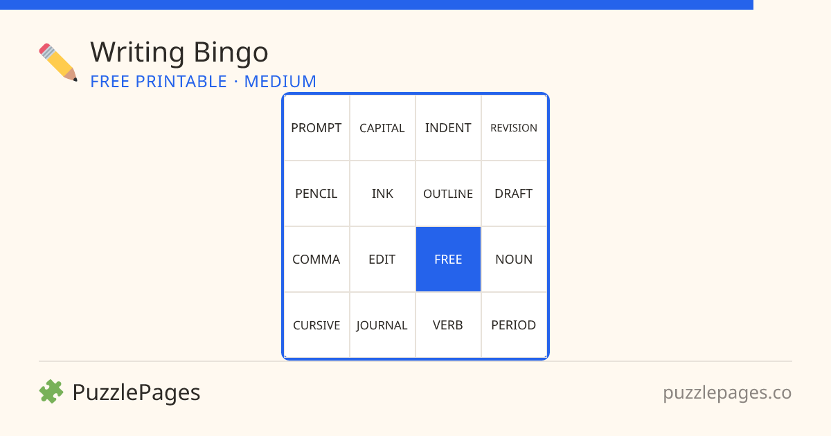 Writing Medium printable bingo preview — free to print from PuzzlePages