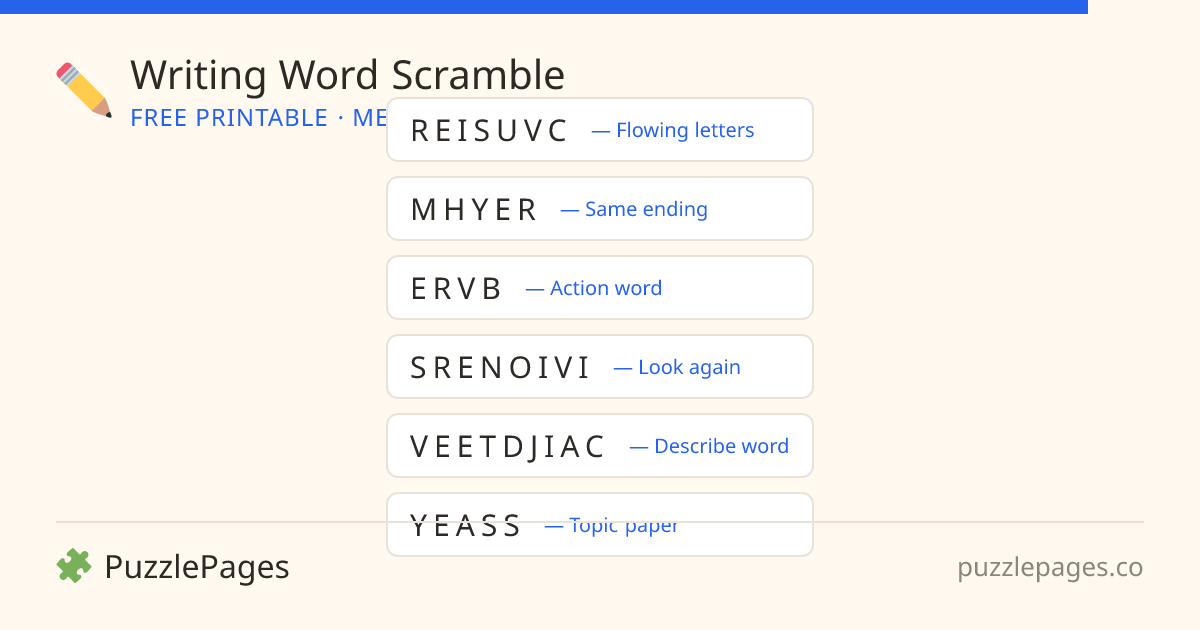 Writing Medium printable word scramble preview — free to print from PuzzlePages