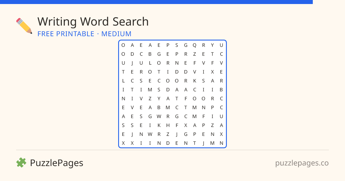Writing Medium printable word search preview — free to print from PuzzlePages